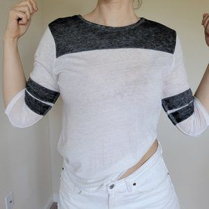 White & Charcoal Color Block Tee with Striped Sleeves